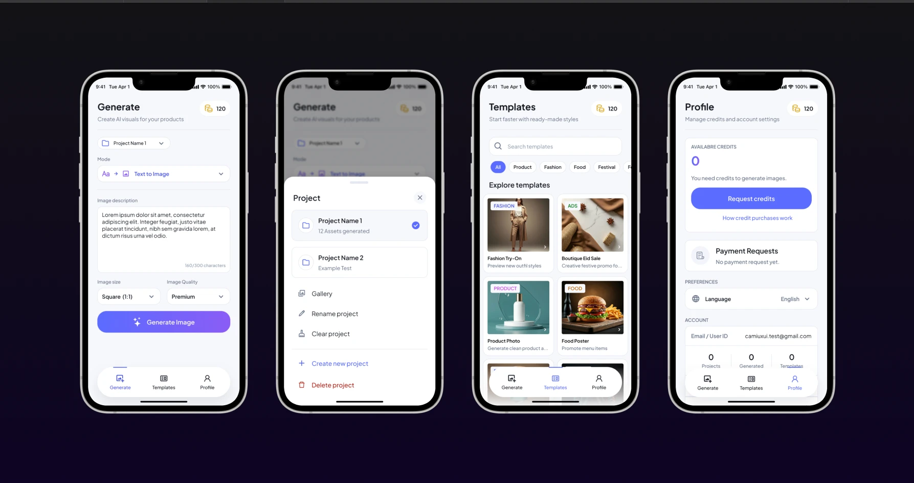 Chobigen redesign, four mobile screens: Generate, Project menu, Templates and Profile