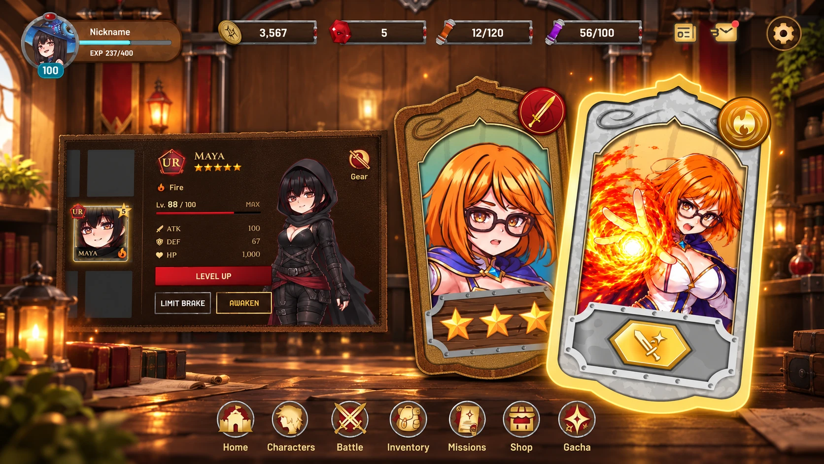 Project Pan mobile RPG interface with a character stats panel, two character cards and the main navigation bar